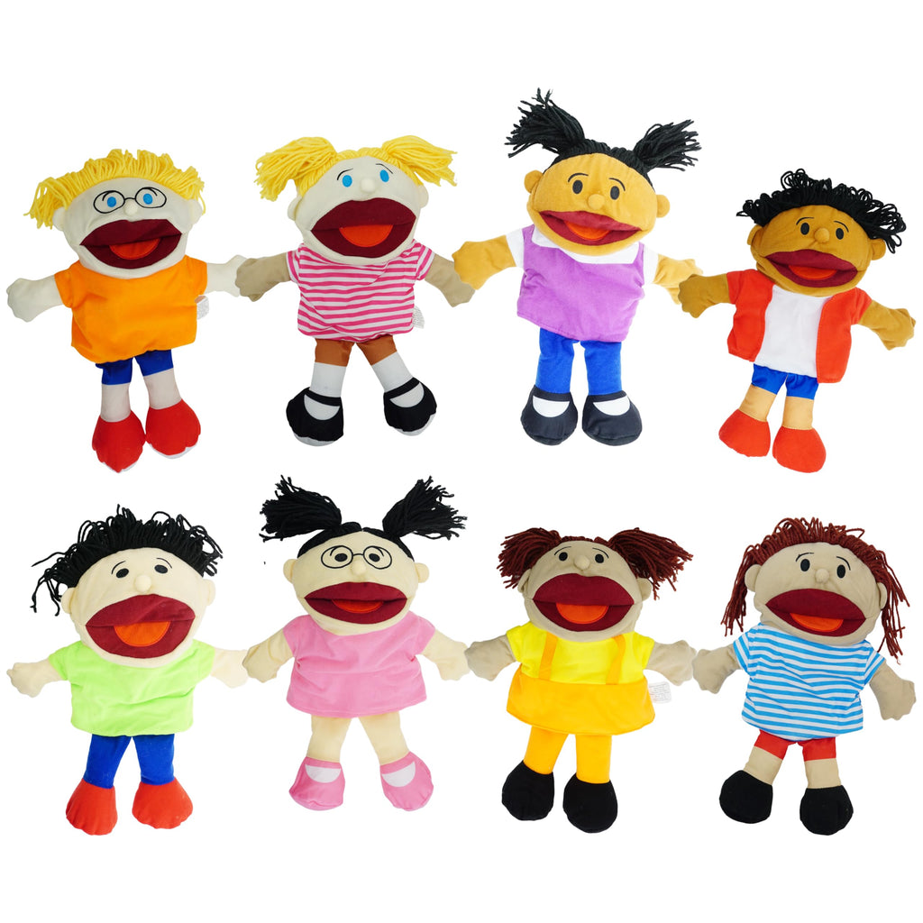 4E's Novelty Multicultural Hand Puppets for Kids - 8 Pack with Movable Mouth, Bulk Soft Plush Puppets for Kids Ages 4-8, for School Home Theater Shows, Teachers Classroom Supplies