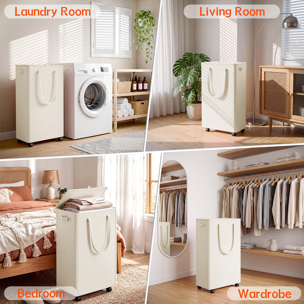 Slim Laundry Hamper with Wheels,20 Gal (75L) Rolling Laundry Basket with lid and wheels Clothes Hamper Foldable Tall Dirty Clothes Basket Sturdy Collapsible Clothes Hamper for Dorm,Laundry Room