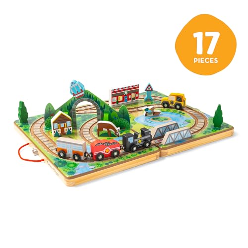 Melissa & Doug Take-Along Railroad Wooden Tabletop Play Set | 17 Pieces, Portable Playset, Railroad Pretend Play, 3 Trains, 1 Truck, Animals, Preschool Learning Toys for Kids, Ages 3+