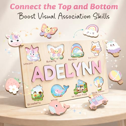 Personalized Name Puzzle for Toddlers 1-3 | Custom Wooden Baby Girl Gift with 48 Animal Art Sets | 1st Birthday Gift for Girls | Personalized Baby Boy & Girl Gifts Keepsake
