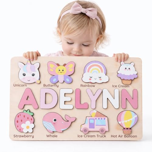 Personalized Name Puzzle for Toddlers 1-3 | Custom Wooden Baby Girl Gift with 48 Animal Art Sets | 1st Birthday Gift for Girls | Personalized Baby Boy & Girl Gifts Keepsake