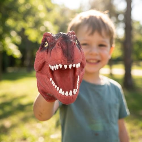 2 Pack Stretchy Dinosaur Hand Puppets - Realistic Soft Rubber T-Rex Toys | Green & Red Dino Party Favors, Classroom Storytelling, Kids Bath Roleplay Gifts, Outdoor Goodie Bags