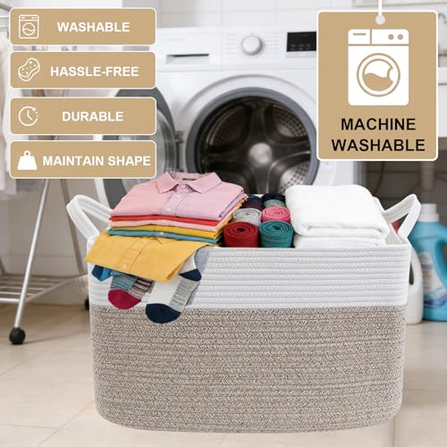 HZFTJOY 65L Laundry Basket with Handles, Woven Blanket Basket, White/Brown | 21"×16"×12" Collapsible Cotton Rope Storage Basket for Toys Clothes & Pillows, Nursery, Bathroom, Bedroom, Living Room