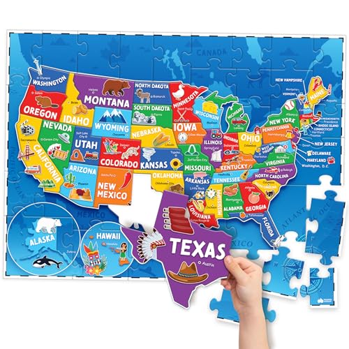 United States Puzzles for Kids Ages 6-8 & 4-6 - 70pc USA Map Kids Puzzles | 50 US States Floor Puzzles Boys Toys Age 4-6 - Educational US Geography Learning Toys Activity - Boys Gifts & Gifts for Girls