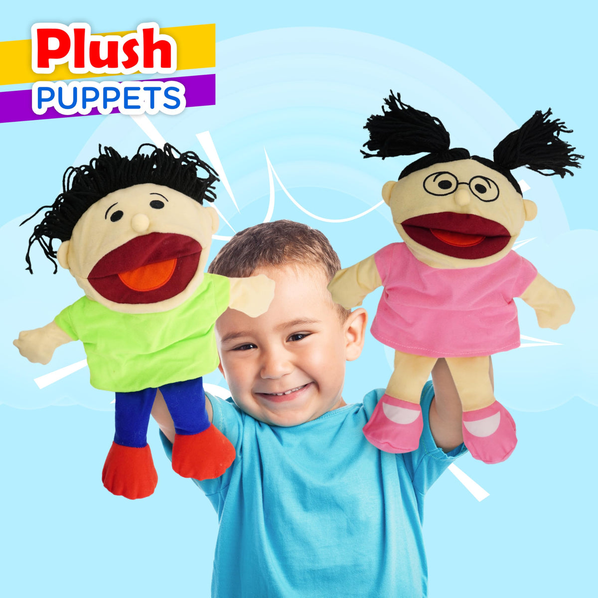 4E's Novelty Multicultural Hand Puppets for Kids - 8 Pack with Movable Mouth, Bulk Soft Plush Puppets for Kids Ages 4-8, for School Home Theater Shows, Teachers Classroom Supplies