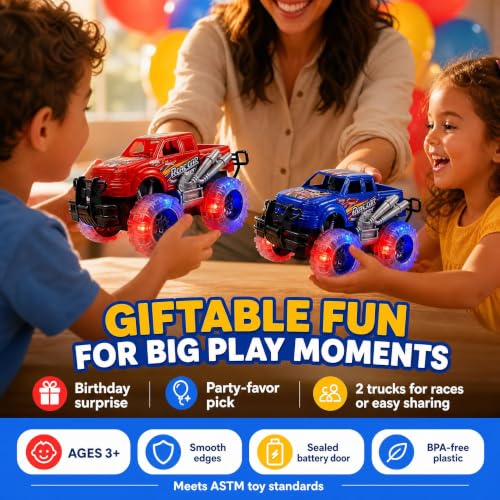 ArtCreativity Light Up Monster Truck Toys for Toddler Boys, Toy Cars Gift | Push and Go Friction Powered Cars, 2-Pack, Toddler Boys Age 2-4, Kids Ages 4-8, Birthday Gift, Batteries Included