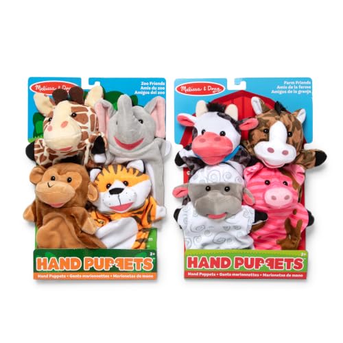 Melissa & Doug Animal Hand Puppets 2-Pack 8-Piece Pretend Play Set | 8 Piece Hand Puppet Set, 4 Farm Animals, 4 Zoo Animals, Washable Fabric, Storytelling Play, Toddler Toys for Kids, Ages 2+