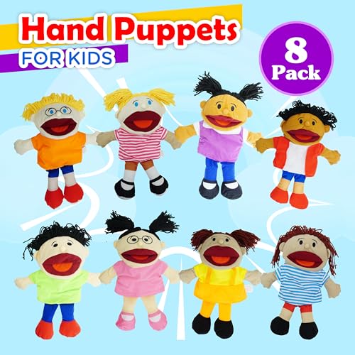 4E's Novelty Multicultural Hand Puppets for Kids - 8 Pack with Movable Mouth, Bulk Soft Plush Puppets for Kids Ages 4-8, for School Home Theater Shows, Teachers Classroom Supplies