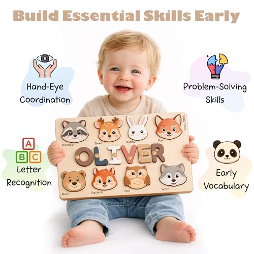 Personalized Name Puzzle for Toddlers 1-3 | Custom Wooden Baby Girl Gift with 48 Animal Art Sets | 1st Birthday Gift for Girls | Personalized Baby Boy & Girl Gifts Keepsake