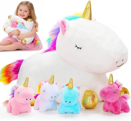 KMUYSL Mommy Plush Toys with 4 Babies, Stuffed Animal for Kids, Unicorn | Unicorn Plush with 1 Mommy and 4 Baby Unicorns. Stuffed Animal, Cuddling, Birthday Gifts for Girls
