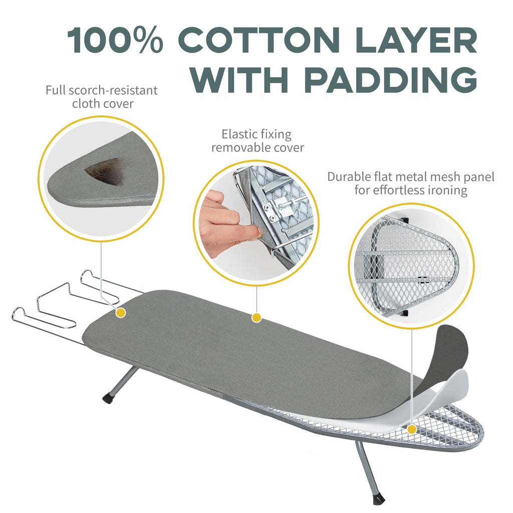 RAINHOL Gray Mini Tabletop Ironing Board 31"x12" | Metal Foldable with Iron Rest, Heat Resistant Cover for Travel Small Space