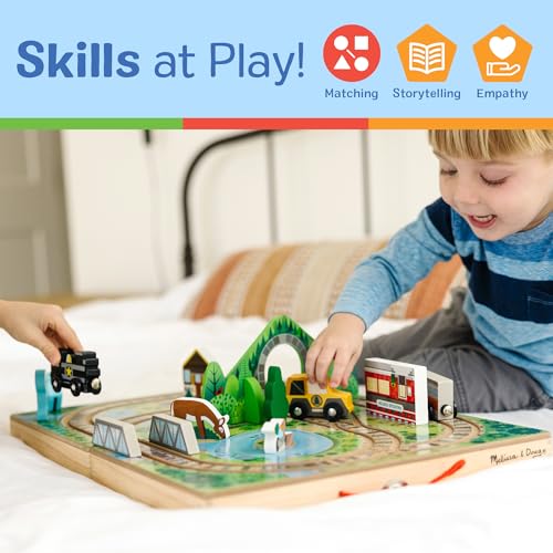 Melissa & Doug Take-Along Railroad Wooden Tabletop Play Set | 17 Pieces, Portable Playset, Railroad Pretend Play, 3 Trains, 1 Truck, Animals, Preschool Learning Toys for Kids, Ages 3+