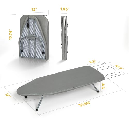 RAINHOL Gray Mini Tabletop Ironing Board 31"x12" | Metal Foldable with Iron Rest, Heat Resistant Cover for Travel Small Space