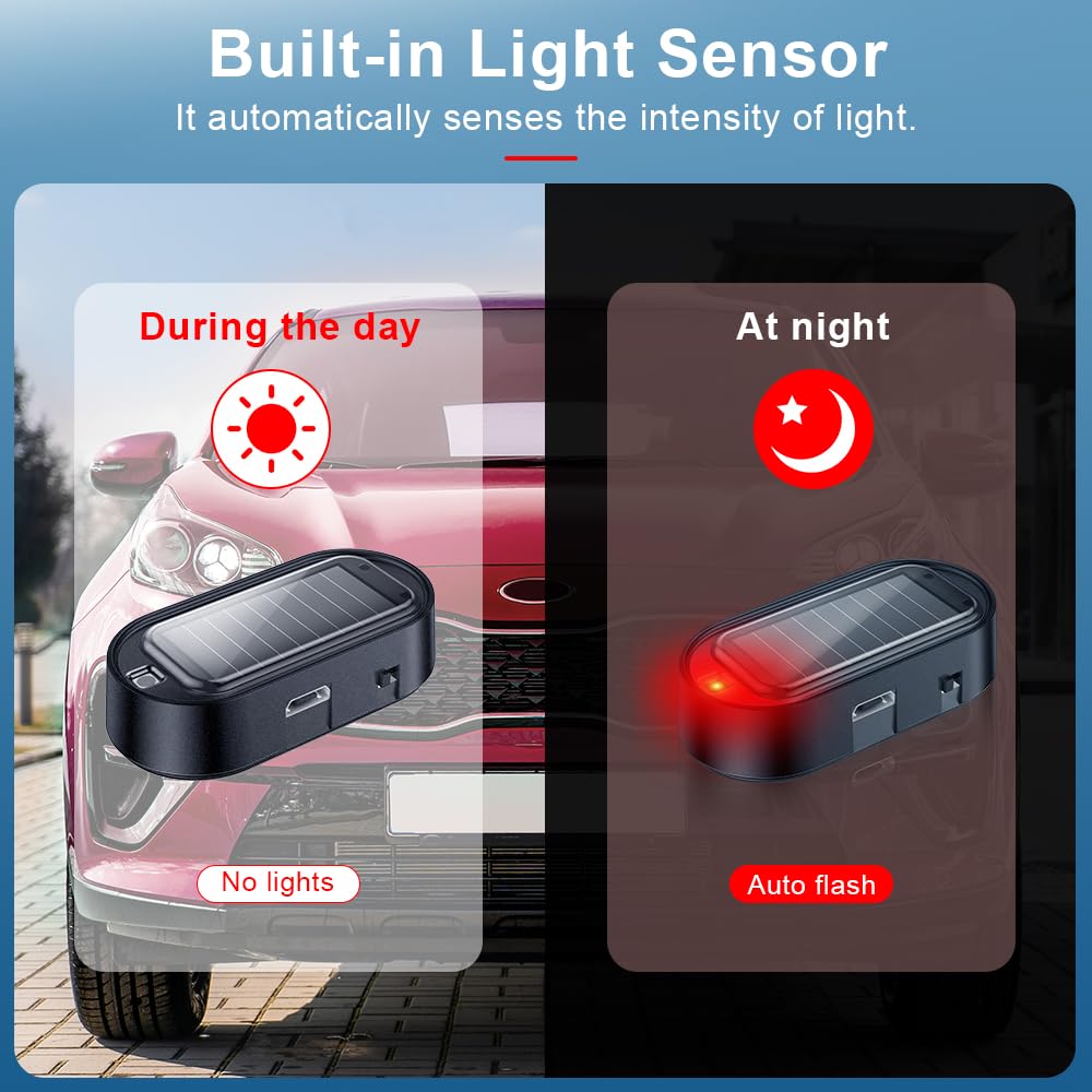 ELECTOP Car Solar Power Simulated Dummy Alarm, Anti-Theft LED Flashing Security, Automotive Warning Safety Light with USB Charging Port, 2PCS (Red)
