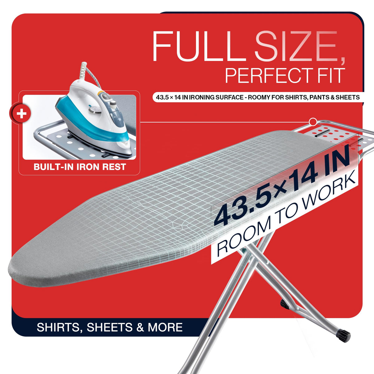BKTD Full Size Ironing Board, Sturdy Frame, Heat Resistant Cover, Iron Rest | Stable Steel Construction, Wide Ironing Surface, Adjustable Height, Anti-Slip Feet, Foldable Design