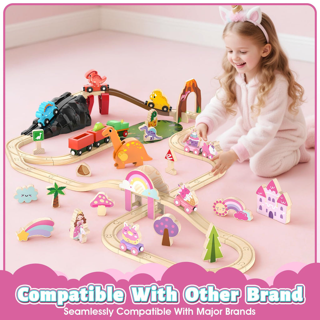 Lehoo Castle Wooden Train Set for Girls, Pink Unicorn Train Set | Princess and Castle Pieces for Imaginative Play, Compatible with Most Wooden Train Tracks, Birthday Gift for Girls