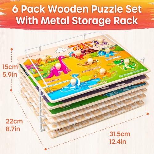 SYNARRY Wooden Puzzles for Toddlers 1-3, 6XSET Puzzles for Toddlers 2-4 with Rack, Learning Alphabet Number Animal Dinosaur Vehicle for Kids, Education Toys for 2 3 Years Boys Girls
