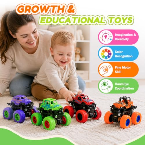 taessv Monster Truck Toys, 4 Pack Friction Powered Toy Cars Push and Go Truck Toys for Toddlers Kids Ages 2-4 3-5 4-7 Best Christmas Birthday Gift Party Favors for Boys and Girls 2 3 4 5 6 7 Year Old