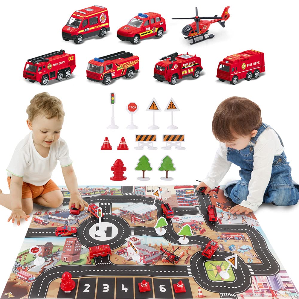 Dwi Dowellin Airplane Toy with Fire Truck Cars and Play Mat,Plane with Lights and Sounds for 3 + Years Old Boys and Girls