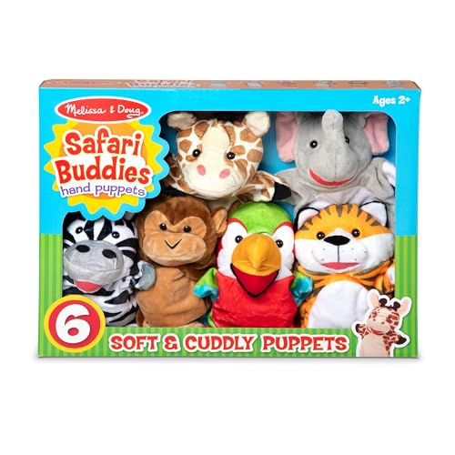 Melissa & Doug Safari Buddies Plush Hand Puppets 6-Piece Pretend Play Set | 6 Plush Safari Animal Hand Puppets, Elephant, Tiger, Parrot, Giraffe, Monkey, Zebra, Washable, Toddler Toys for kids, Ages 2+