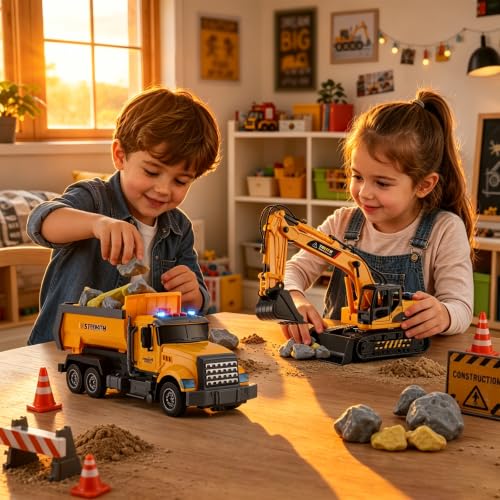 LerBao 2 Pack Construction Engineering Truck Toys,Moveable Claw Excavator & Lifting Back Dump Truck Toy for 3 4 5 6 7 8 Years Old Boys Kids Childs Toddlers Christmas Birthday Gifts