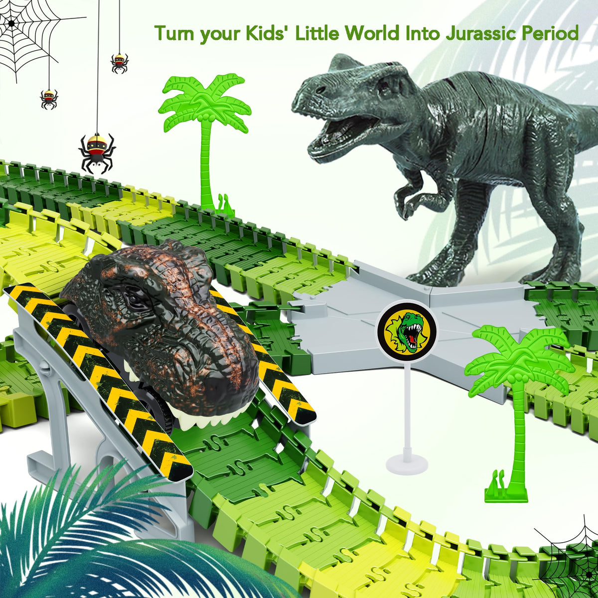 Dinosaur Toys, Create A Dinosaur World Road Race, Dinosaur Track Toys | Flexible Track Playset, 2 pcs Cool Dinosaur Car, Dinosaur Race Car Track for 3 4 5 6 Year & Up Old Boy Girls Best Gift