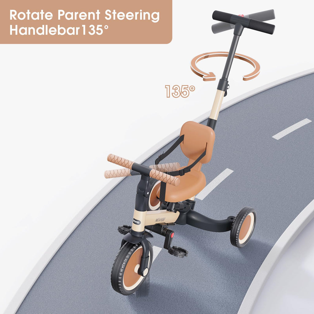 newyoo TR007 5-in-1 Tricycle for Toddlers 1-3, Toddler Bike, Birthday Gift | Toddler Trike with Push Handle Lets Parents Steer and Converts to Balance Bike, Fun Outdoor Toy for Boys and Girls, Khaki