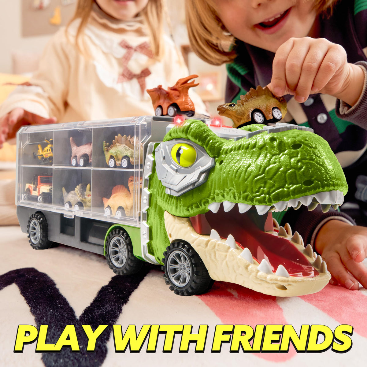 JOYIN 13 in 1 Dinosaur Toys for Kids 3-5, Transport Dinosaur Carrier Truck with 12 Pull Back Cars, Kids Toys 3-4 Birthday Gifts for 3 4 5+ Year Old Boys