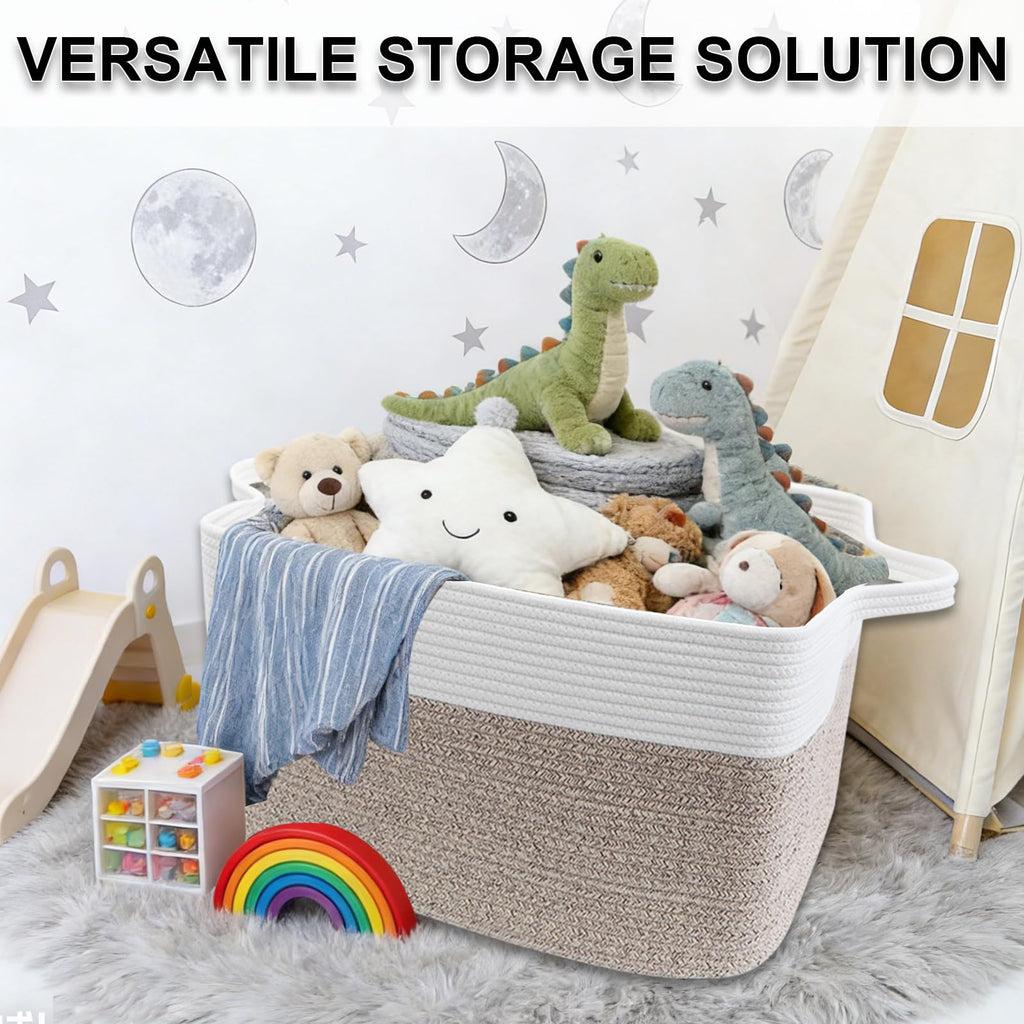 HZFTJOY 65L Laundry Basket with Handles, Woven Blanket Basket, White/Brown | 21"×16"×12" Collapsible Cotton Rope Storage Basket for Toys Clothes & Pillows, Nursery, Bathroom, Bedroom, Living Room