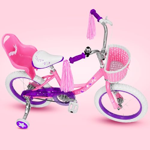Yventix 14 16 Inch Kids Bike Girls Toddle Bicycle Ages 3-7 Training Wheels | High Carbon Steel Frame, Training Wheels, Basket, Doll Seat, Hand & Coaster Brakes, Chain Guard, Adjustable Seat & Handlebar