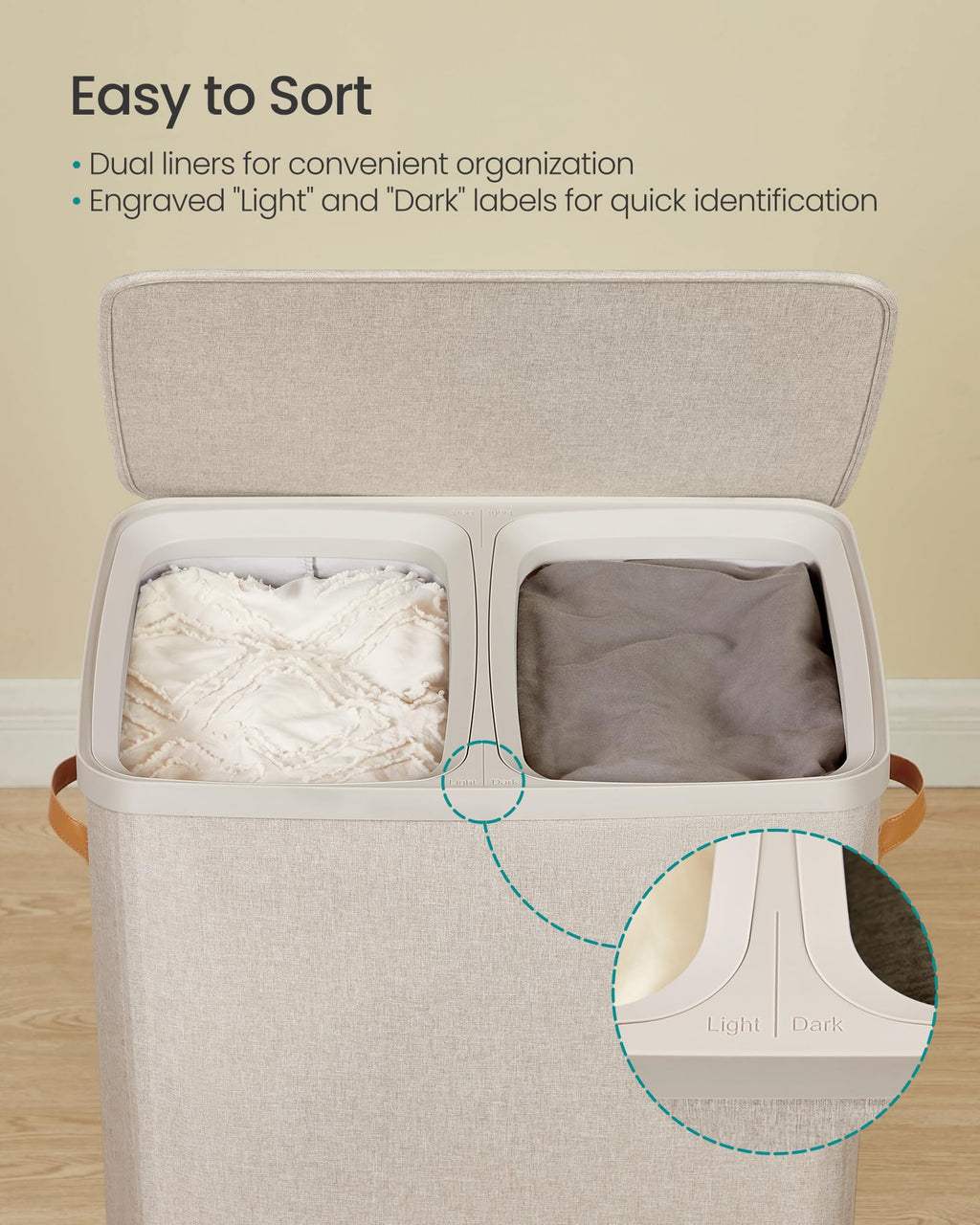 SONGMICS Laundry Basket, 170L Laundry Hamper with Lid, 2 Removable Bags | Easy Assembly Laundry Sorters, with Handles, 22.1 x 15.8 x 29.5 Inches, Cappuccino, BROSI Collection ULCB813L01