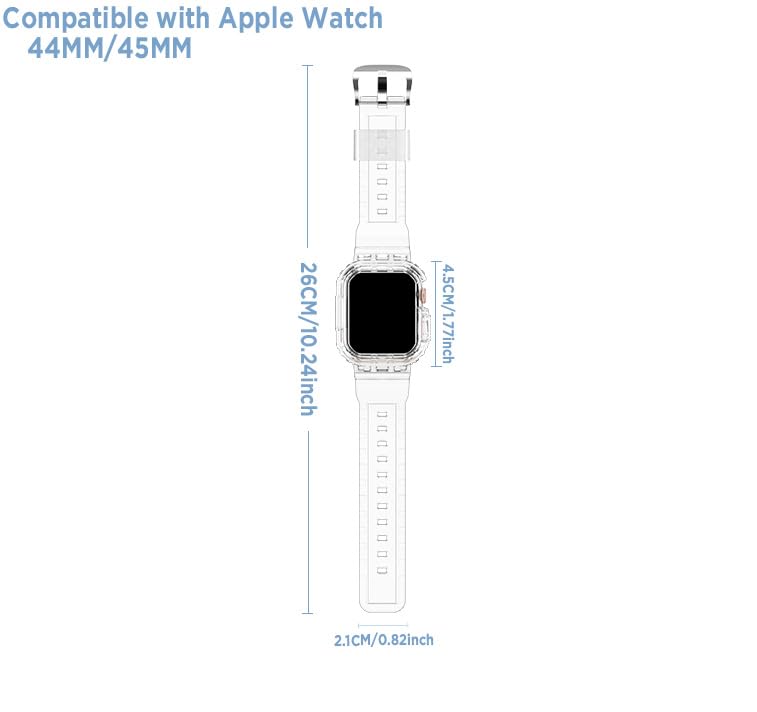XYF Compatible for Crystal Clear Apple Watch Bands 45/44mm CrystalClear | Jelly Sport Strap&Bumper Case Cover for Men Women,Compatible for iWatch Series 9 8 7 6 5 4 SE 3 2 1,45mm/44mm Crystal Clear