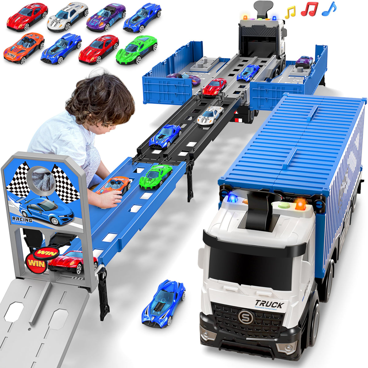 Carrier Truck Race Track Kids Toys, Toy Truck Transport & 8 Race Cars