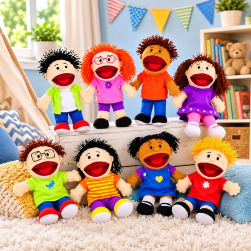 Fun Express Hand Puppets for Kids, 8 Multicultural, 14 Inch | Plush with Movable Mouths, Speech Therapy, Social Emotional Learning, Dramatic Play