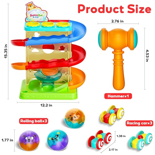 2-in-1 Ball Drop & Car Ramp Race Track Montessori Toy for Toddlers Ages 1-5 | Hammer Rolling Ball, Launch and Race Car-Cause and Effect Sensory STEM Learning Toys for 1-5 Year Old Boys & Girls