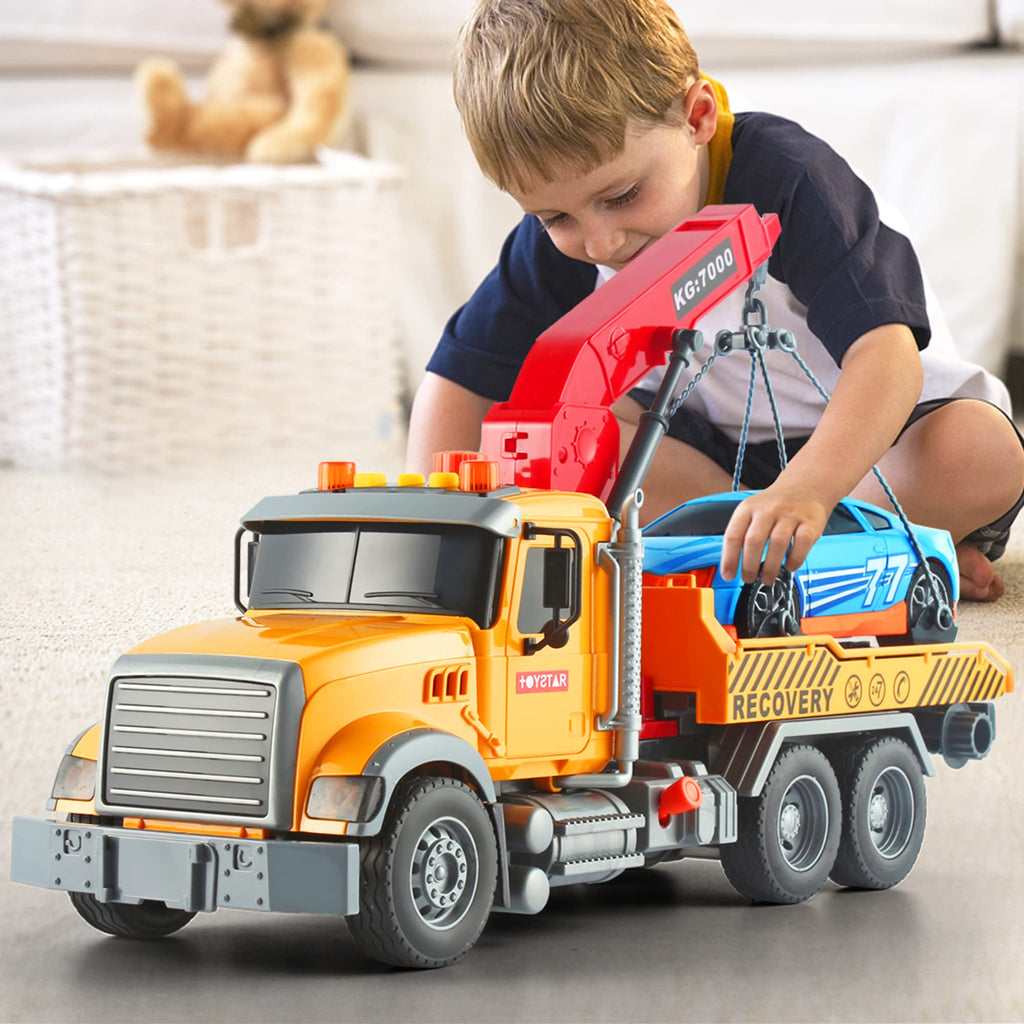 Dwi Dowellin Kids Toys for 3 4 5 6 7 Years Old Boys, 15" Large Tow Truck Toy,Friction Powered Transport Truck Crane Toy with Lights and Sounds,with Roadster,Boys Gifts