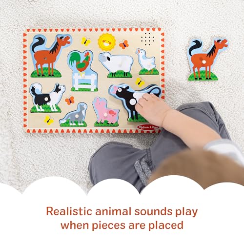 Melissa & Doug Farm Animals Wooden Sound Peg Puzzle 8-Piece Set | 8 Peg Pieces, Wooden Board, Light-Activated Sounds, Builds Matching & Motor Skills, Montessori Inspired Toddler Toys, Ages 2+