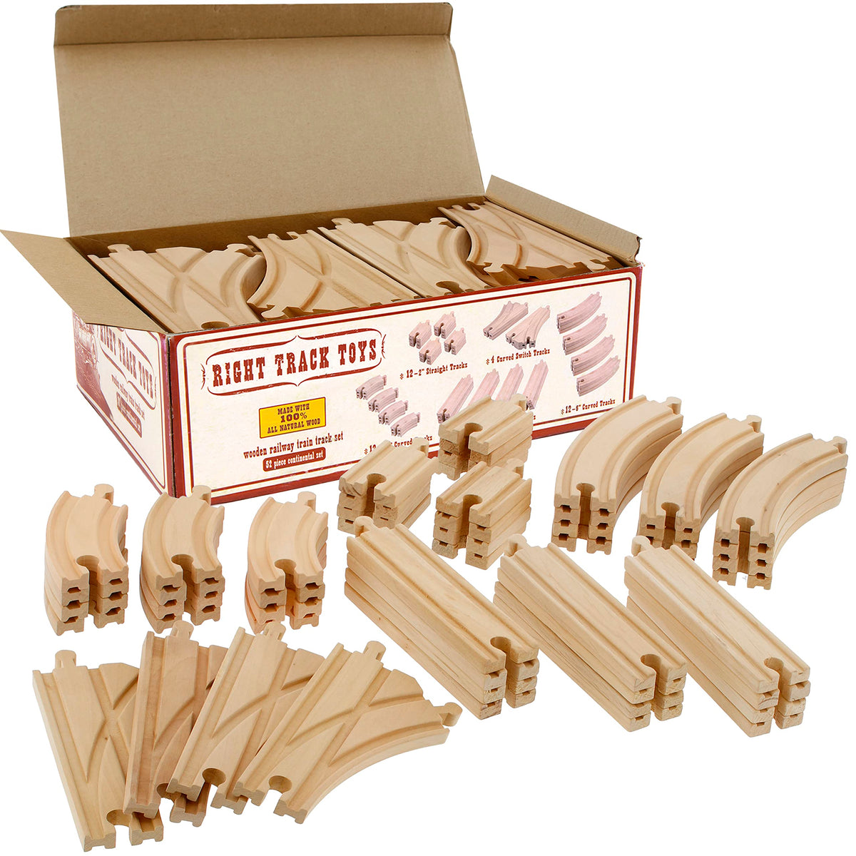 Wooden Train Track 52 Piece Set-18 Feet Of Track Expansion - 5 Distinct Pieces - 100% Compatible with All Major Brands Including Thomas Wooden Railway System: Screen Free Christmas Gift For Toddlers