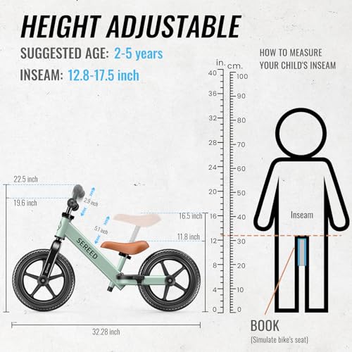 SEREED Toddler Balance Bike 2 Year Old Adjustable Bike Toy for 2-5 Boy Girl | No Pedal Toddler Bike, Kids Training Bike with Customize Plate & 3pcs Stickers, Birthday Gift for 2-3 Boys Girls (Mint Green)