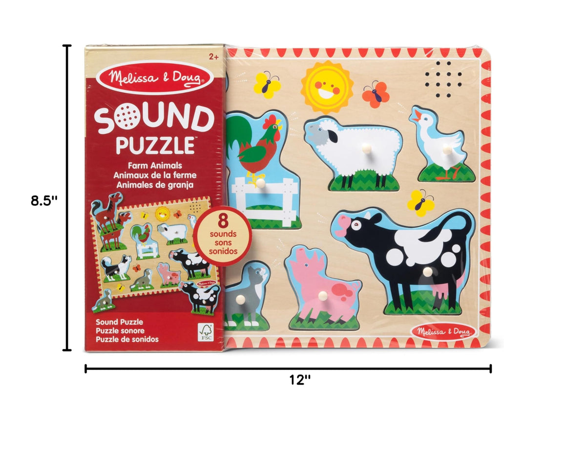 Melissa & Doug Farm Animals Wooden Sound Peg Puzzle 8-Piece Set | 8 Peg Pieces, Wooden Board, Light-Activated Sounds, Builds Matching & Motor Skills, Montessori Inspired Toddler Toys, Ages 2+
