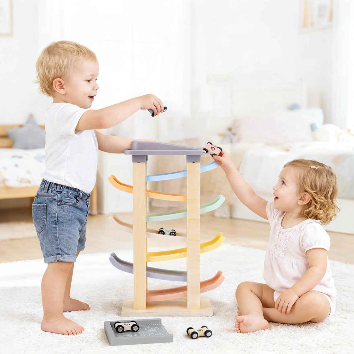 Joyreal Montessori Toddler Toys for 1 2 3 Year Old Wooden Car Ramp Toys | 7 Level Ramp Racer, 8 Mini Cars & 2 Garages, Toy Vehicle Set for Boys and Girls, Christmas Birthday Gifts for 1-2 Year Old