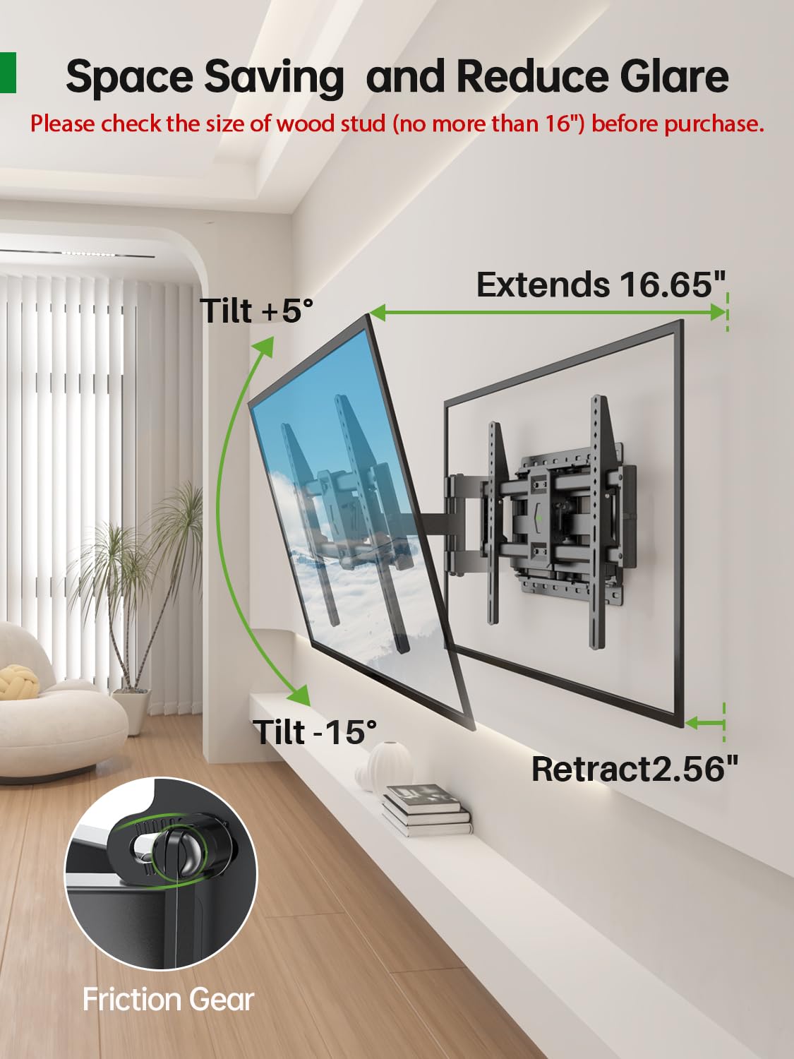 USX Mount Full Motion TV Wall Mount for 42-90 inch TV Holds up to 132lbs | TV Mount Bracket Dual Swivel Articulating Tilt 6 Arms, Max 16" Wood Studs, VESA 600x400mm, Fits 55/65/75/85/86"