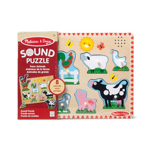 Melissa & Doug Farm Animals Wooden Sound Peg Puzzle 8-Piece Set | 8 Peg Pieces, Wooden Board, Light-Activated Sounds, Builds Matching & Motor Skills, Montessori Inspired Toddler Toys, Ages 2+