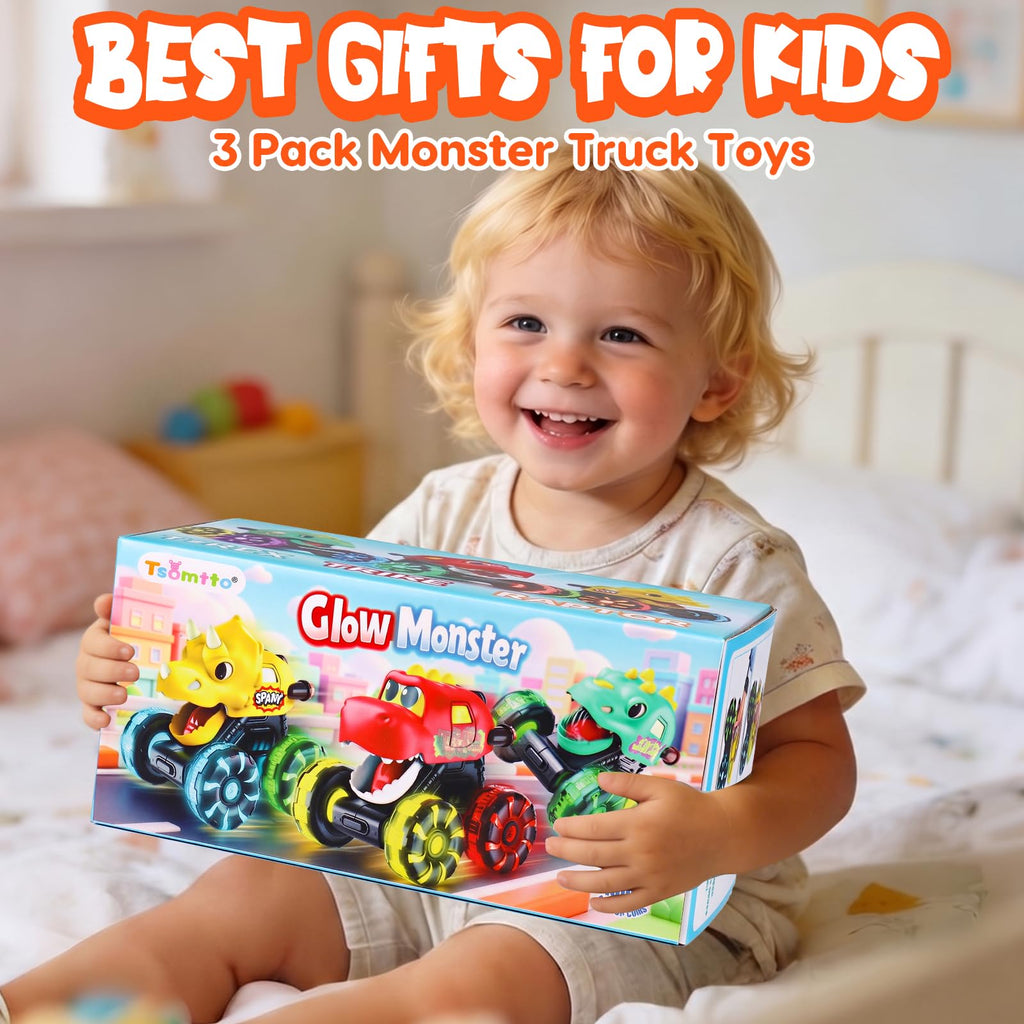 Monster Truck Toys Dinosaur Cars, Press and Go Light Up Cars for Toddlers | LED Wheels Dino Truck Toys for Toddler Boys Girls Gifts, Dinosaur Cars for 2 Year Old Boy Christmas Birthday Gifts