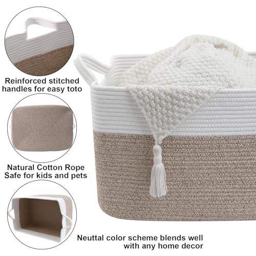 HZFTJOY 65L Laundry Basket with Handles, Woven Blanket Basket, White/Brown | 21"×16"×12" Collapsible Cotton Rope Storage Basket for Toys Clothes & Pillows, Nursery, Bathroom, Bedroom, Living Room