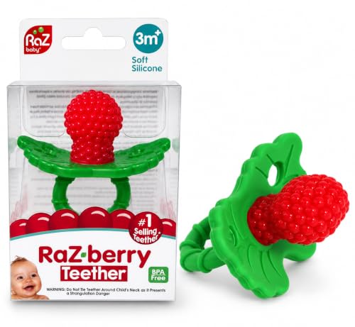 RaZbaby RaZberry Silicone Baby Teether Toy - Berrybumps Soothe Babies Sore Gums - Infant Teething Toy - Hands Free Design - BPA Free - Easy-to-Hold Design - Teething Relief Pacifier - Fruit Shape/Red