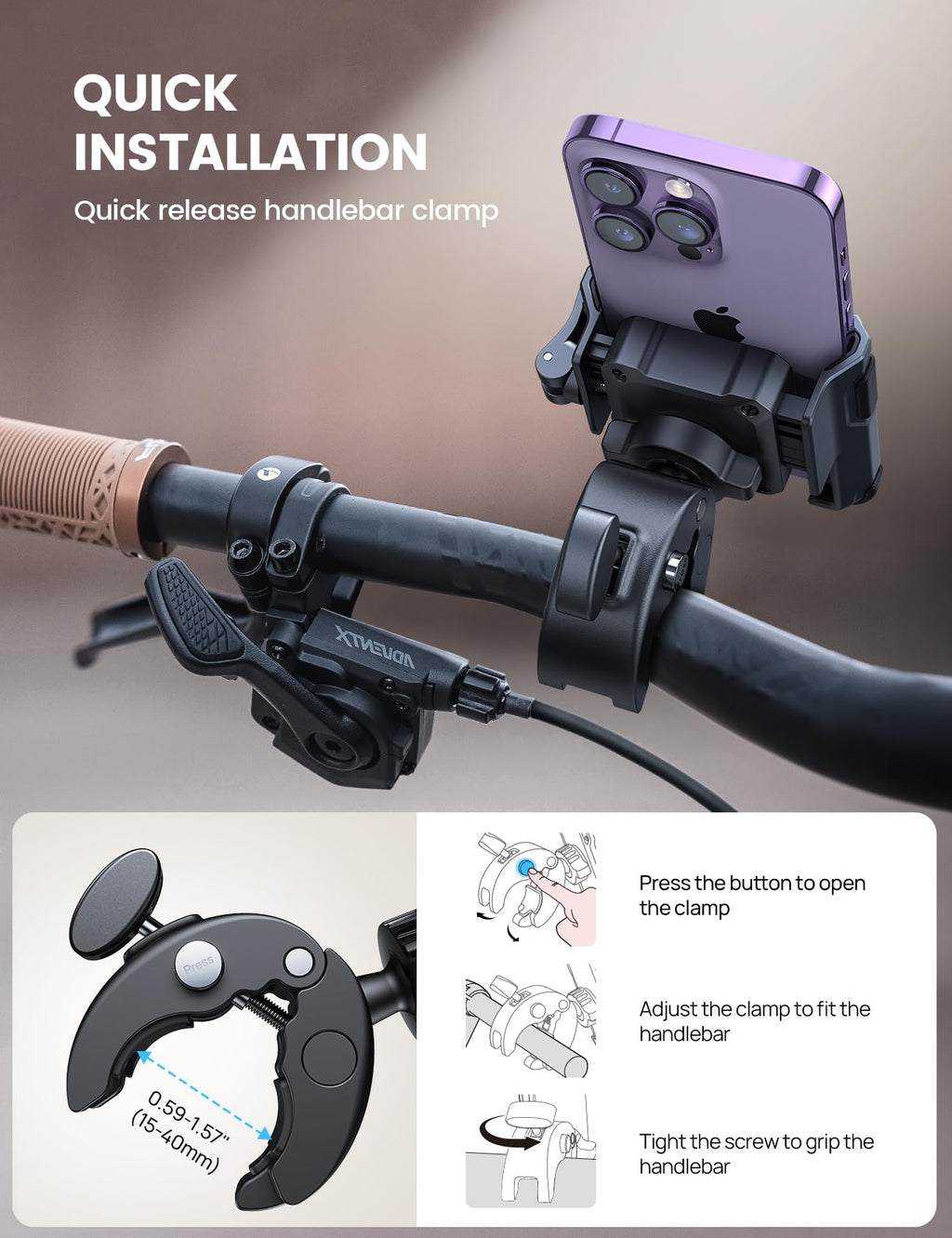 Lamicall Motorcycle Bike Phone Mount, 1s Lock Bike Phone Holder | Camera Friendly Bicycle Phone Clip, Scooter Accessories Gifts for iPhone 18 17 Pro Max, Galaxy S25 Ultra, 4.7-7" Phones