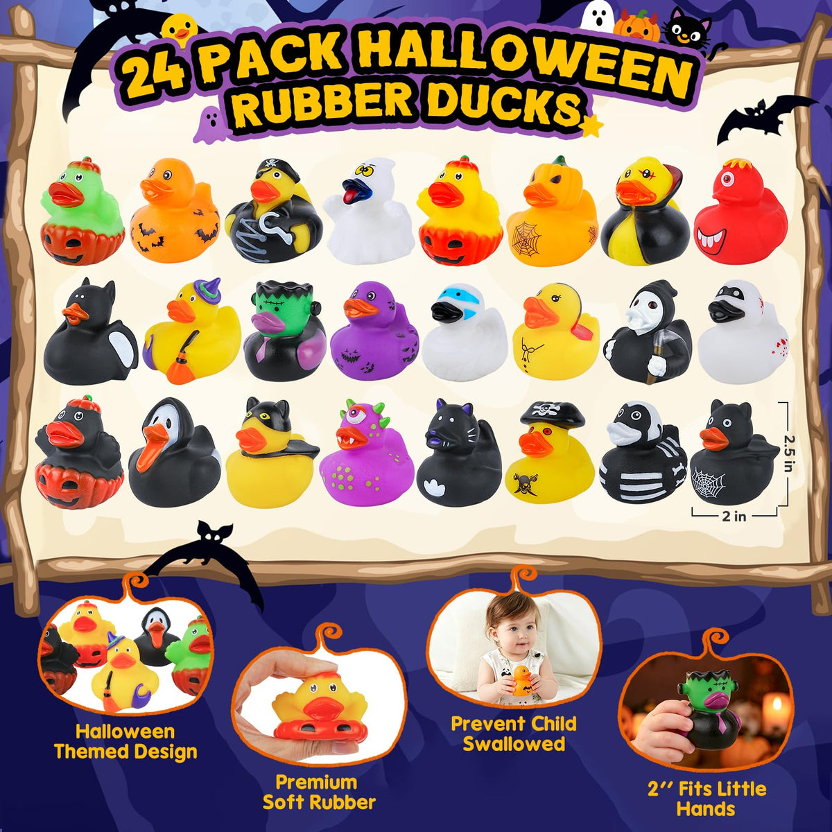 24 Halloween Rubber Ducks, Assorted Styles Party Favors Goodie Bag Fillers