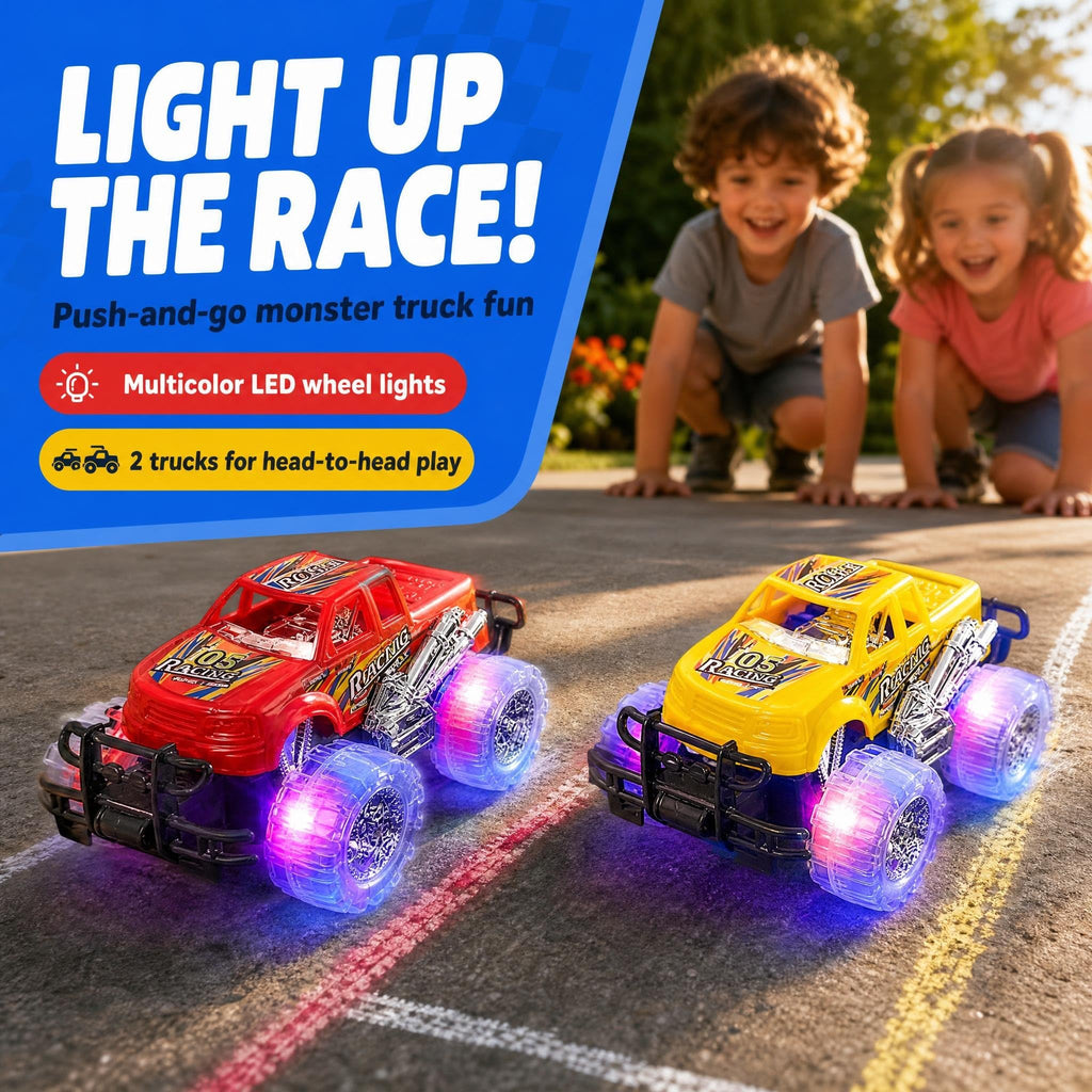ArtCreativity Light Up Monster Truck Toys for Toddler Boys, Toy Cars Gift | Push and Go Friction Powered Cars, 2-Pack, Toddler Boys Age 2-4, Kids Ages 4-8, Birthday Gift, Batteries Included