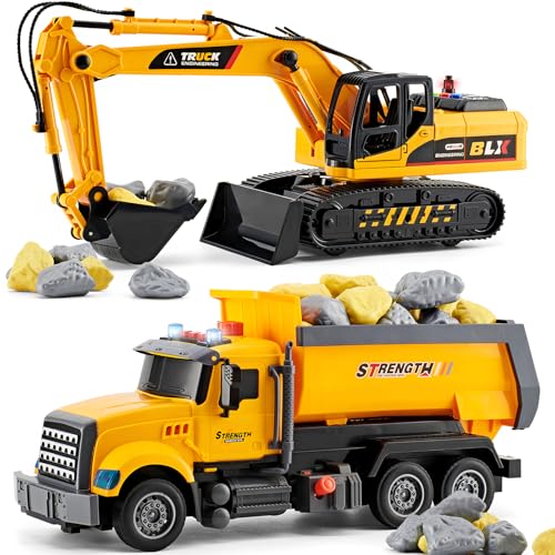 LerBao 2 Pack Construction Engineering Truck Toys,Moveable Claw Excavator & Lifting Back Dump Truck Toy for 3 4 5 6 7 8 Years Old Boys Kids Childs Toddlers Christmas Birthday Gifts